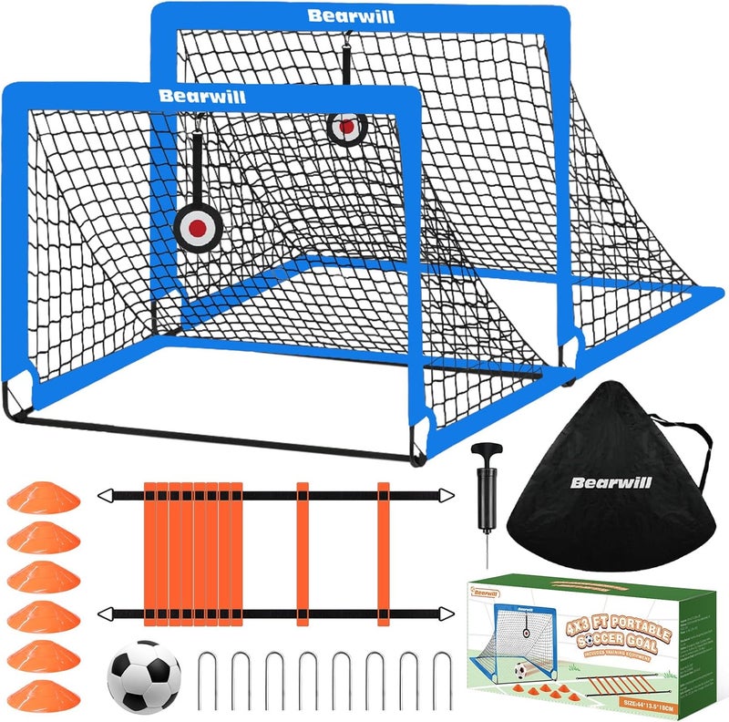 Bearwill Soccer Goal, Kids Soccer Goals for Backyard Set of 2, 4x3ft Portable Soccer Goal Pop Up Soccer Net, Kids Soccer Net Training Equipment with Soccer Ball, Ladder, Cones, Targets - Image 1